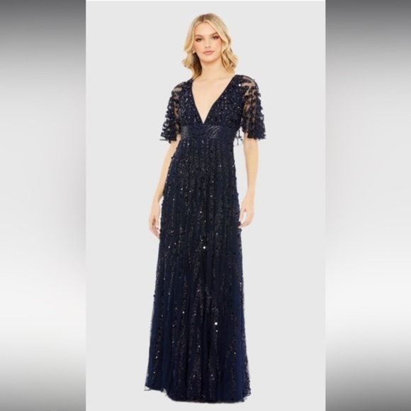 NWT | Mac Duggal Blue 93784 Midnight Blue Maxi Gown Flutter Sleeves Size 10 - Picture 1 of 15